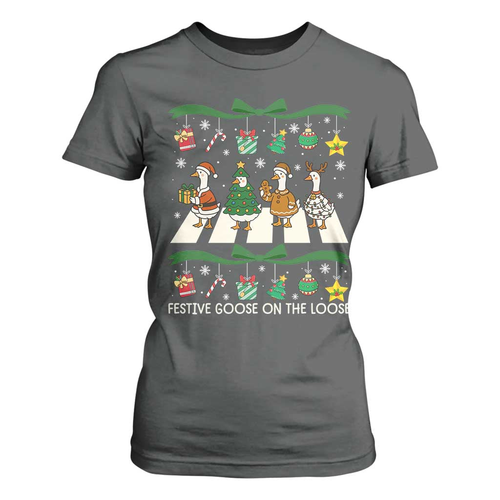 Festive Goose On The Loose Christmas T Shirt For Women Cute Xmas Duck Silly Gooses Coquette Bow TS10 Dark Heather Print Your Wear