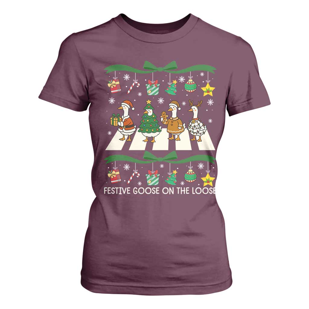 Festive Goose On The Loose Christmas T Shirt For Women Cute Xmas Duck Silly Gooses Coquette Bow TS10 Maroon Print Your Wear