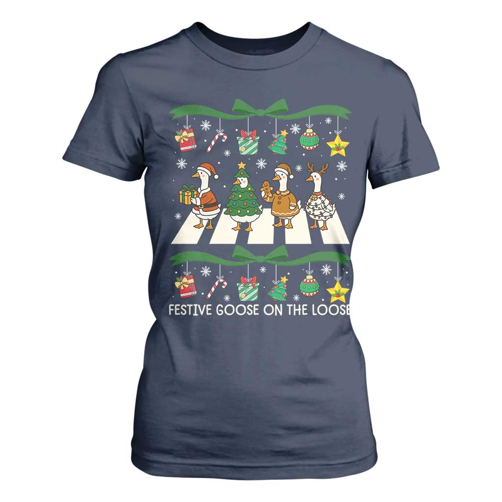 Festive Goose On The Loose Christmas T Shirt For Women Cute Xmas Duck Silly Gooses Coquette Bow TS10 Navy Print Your Wear