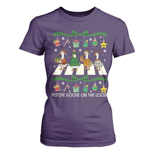 Festive Goose On The Loose Christmas T Shirt For Women Cute Xmas Duck Silly Gooses Coquette Bow TS10 Purple Print Your Wear