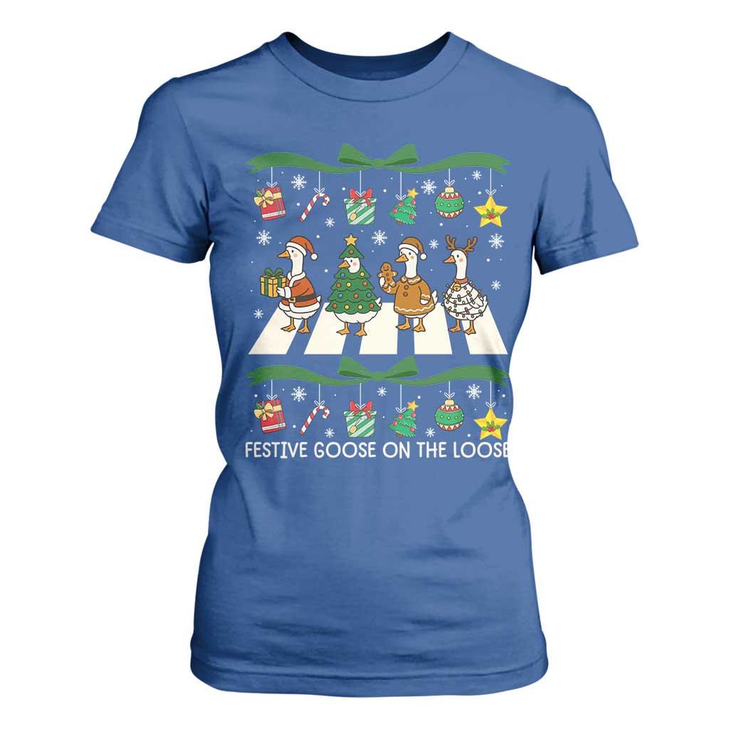 Festive Goose On The Loose Christmas T Shirt For Women Cute Xmas Duck Silly Gooses Coquette Bow TS10 Royal Blue Print Your Wear