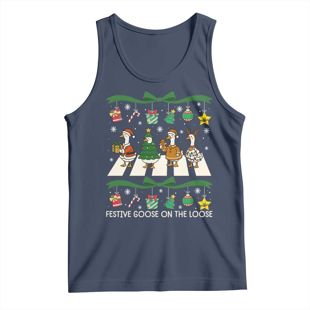 Festive Goose On The Loose Christmas Tank Top Cute Xmas Duck Silly Gooses Coquette Bow TS10 Navy Print Your Wear
