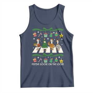 Festive Goose On The Loose Christmas Tank Top Cute Xmas Duck Silly Gooses Coquette Bow TS10 Navy Print Your Wear