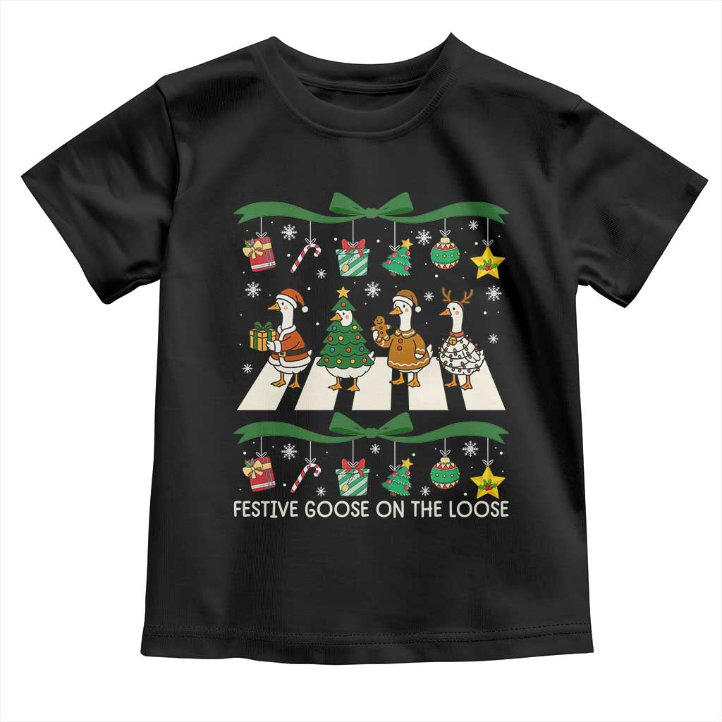 Festive Goose On The Loose Christmas Toddler T Shirt Cute Xmas Duck Silly Gooses Coquette Bow TS10 Black Print Your Wear