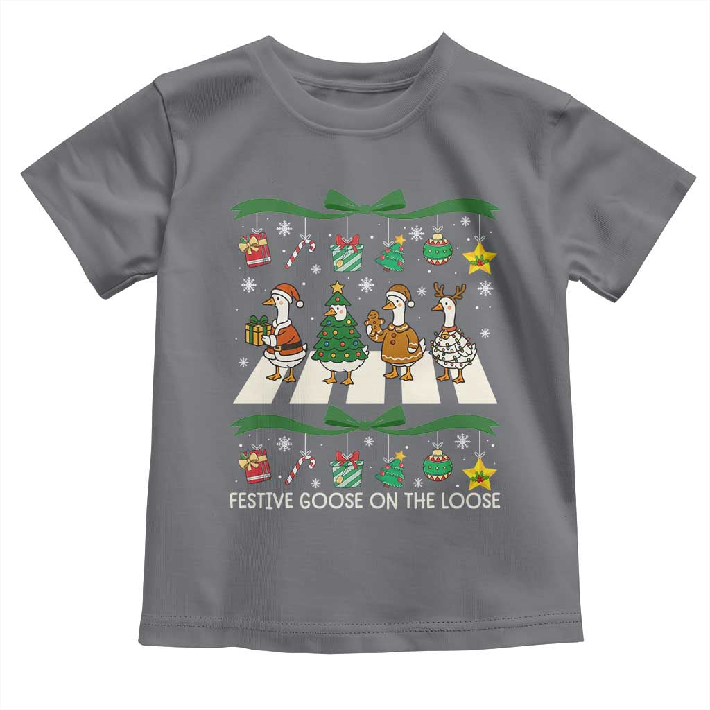 Festive Goose On The Loose Christmas Toddler T Shirt Cute Xmas Duck Silly Gooses Coquette Bow TS10 Charcoal Print Your Wear