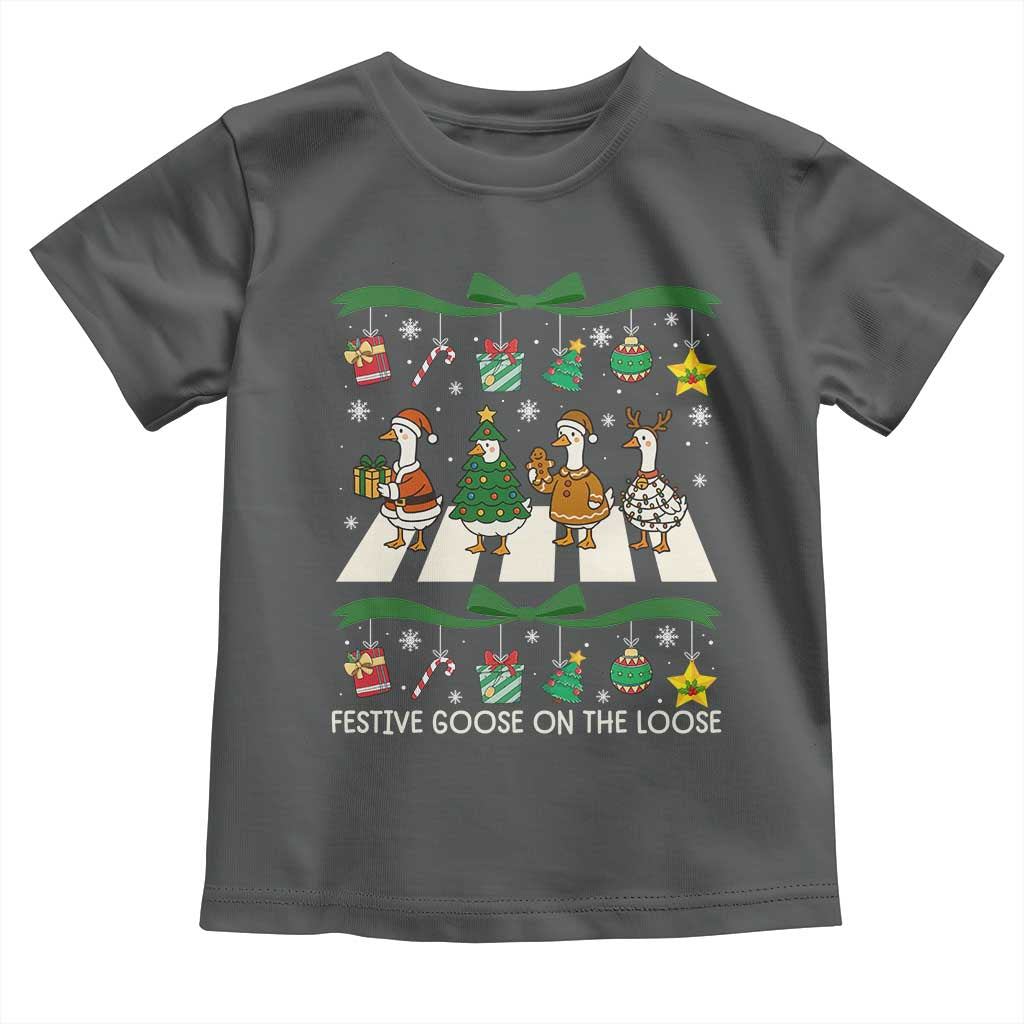 Festive Goose On The Loose Christmas Toddler T Shirt Cute Xmas Duck Silly Gooses Coquette Bow TS10 Dark Heather Print Your Wear