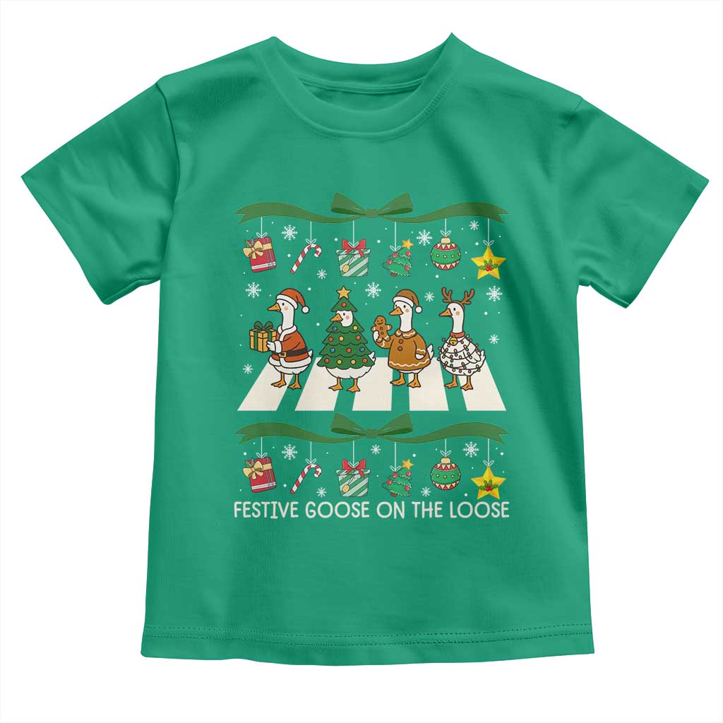 Festive Goose On The Loose Christmas Toddler T Shirt Cute Xmas Duck Silly Gooses Coquette Bow TS10 Irish Green Print Your Wear