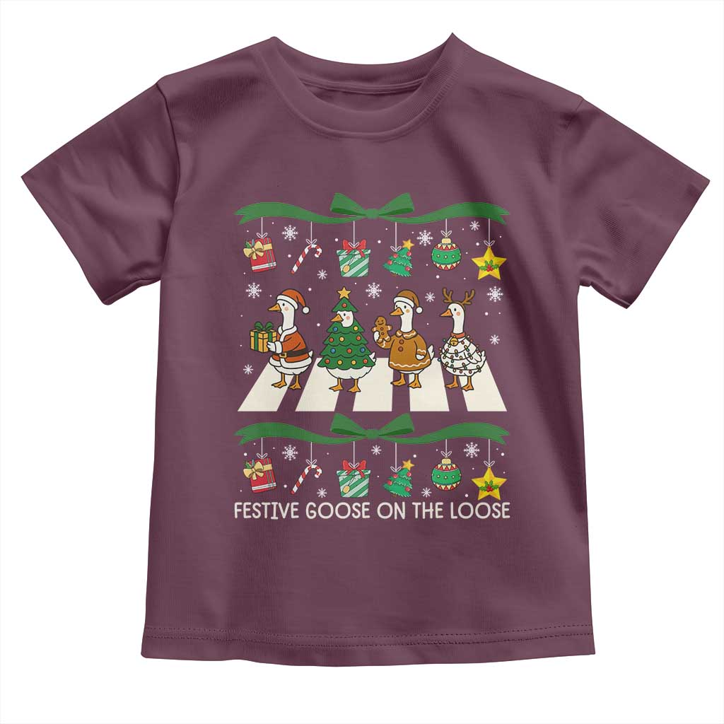 Festive Goose On The Loose Christmas Toddler T Shirt Cute Xmas Duck Silly Gooses Coquette Bow TS10 Maroon Print Your Wear