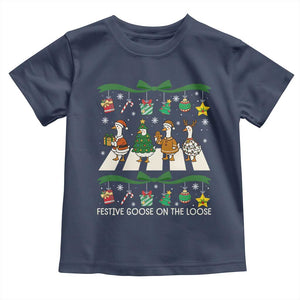 Festive Goose On The Loose Christmas Toddler T Shirt Cute Xmas Duck Silly Gooses Coquette Bow TS10 Navy Print Your Wear