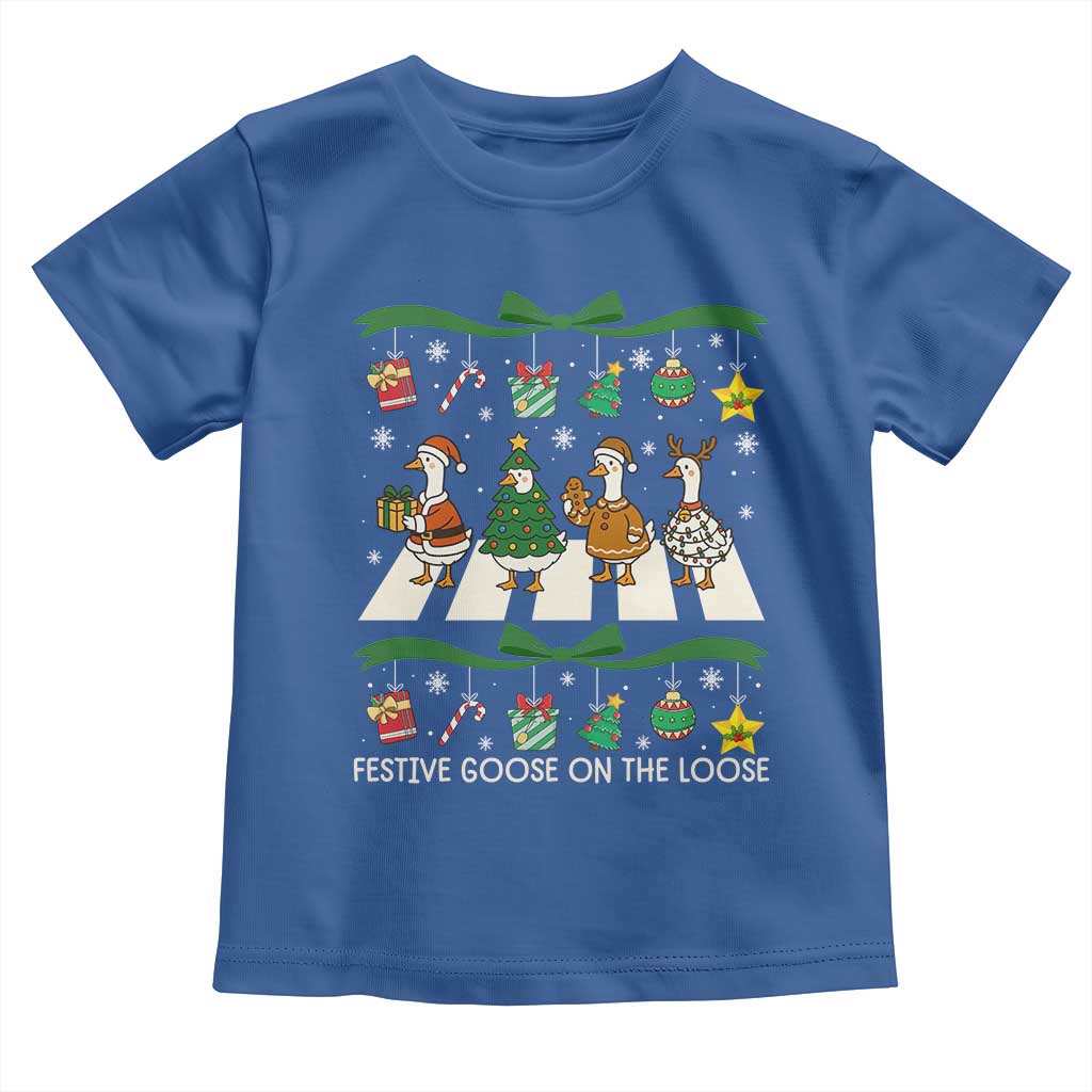 Festive Goose On The Loose Christmas Toddler T Shirt Cute Xmas Duck Silly Gooses Coquette Bow TS10 Royal Blue Print Your Wear