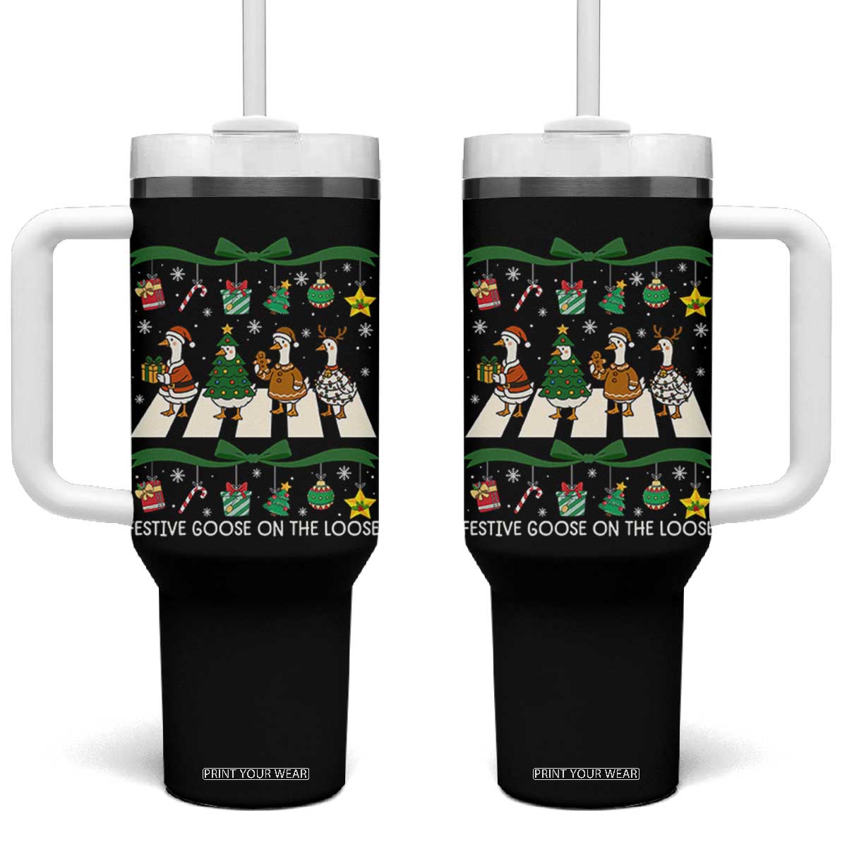 Festive Goose On The Loose Christmas Tumbler With Handle Cute Xmas Duck Silly Gooses Coquette Bow TS10 One Size: 40 oz Black Print Your Wear