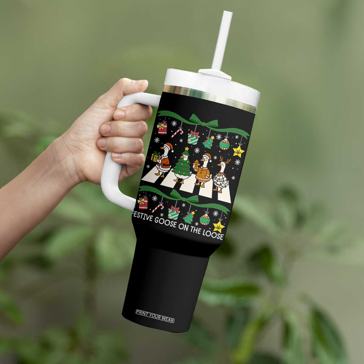 Festive Goose On The Loose Christmas Tumbler With Handle Cute Xmas Duck Silly Gooses Coquette Bow TS10 Print Your Wear