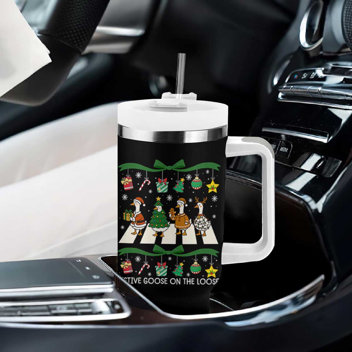 Festive Goose On The Loose Christmas Tumbler With Handle Cute Xmas Duck Silly Gooses Coquette Bow TS10 Print Your Wear