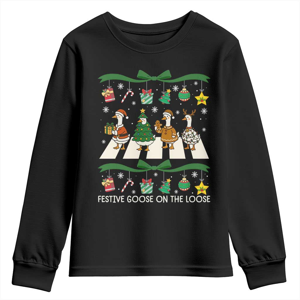 Festive Goose On The Loose Christmas Youth Sweatshirt Cute Xmas Duck Silly Gooses Coquette Bow TS10 Black Print Your Wear