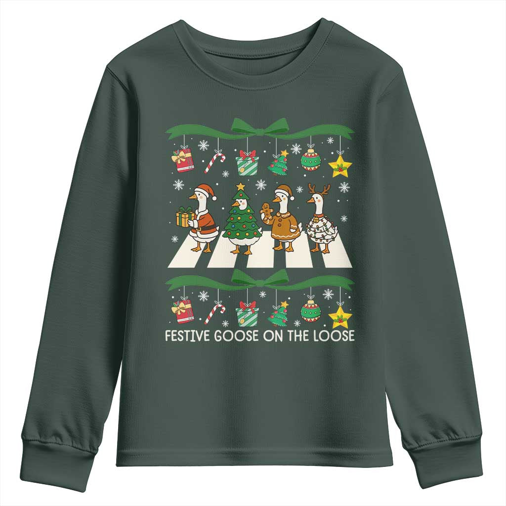 Festive Goose On The Loose Christmas Youth Sweatshirt Cute Xmas Duck Silly Gooses Coquette Bow TS10 Dark Forest Green Print Your Wear