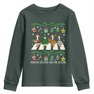 Festive Goose On The Loose Christmas Youth Sweatshirt Cute Xmas Duck Silly Gooses Coquette Bow TS10 Dark Forest Green Print Your Wear