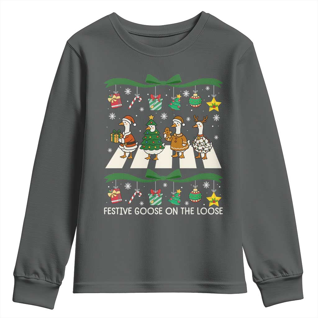 Festive Goose On The Loose Christmas Youth Sweatshirt Cute Xmas Duck Silly Gooses Coquette Bow TS10 Dark Heather Print Your Wear