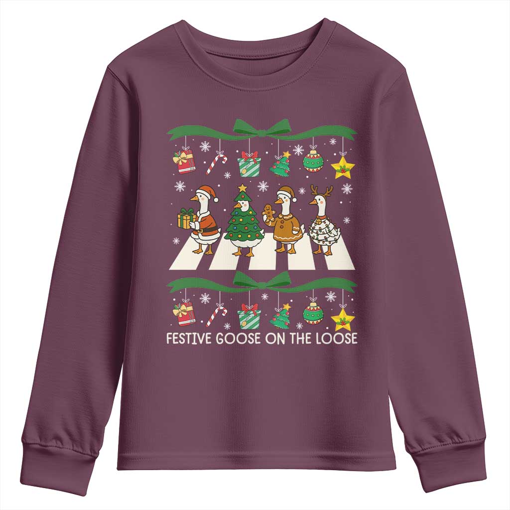 Festive Goose On The Loose Christmas Youth Sweatshirt Cute Xmas Duck Silly Gooses Coquette Bow TS10 Maroon Print Your Wear
