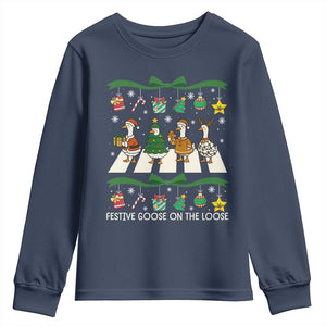 Festive Goose On The Loose Christmas Youth Sweatshirt Cute Xmas Duck Silly Gooses Coquette Bow TS10 Navy Print Your Wear