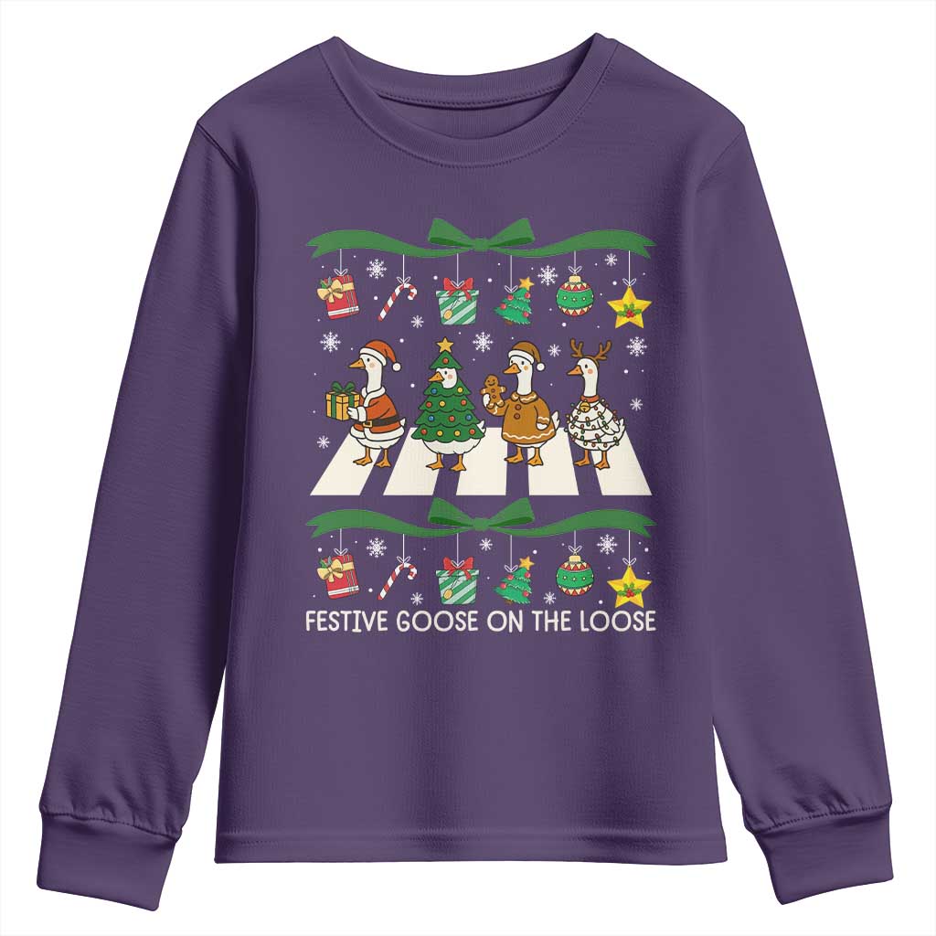 Festive Goose On The Loose Christmas Youth Sweatshirt Cute Xmas Duck Silly Gooses Coquette Bow TS10 Purple Print Your Wear