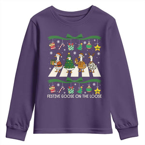 Festive Goose On The Loose Christmas Youth Sweatshirt Cute Xmas Duck Silly Gooses Coquette Bow TS10 Purple Print Your Wear