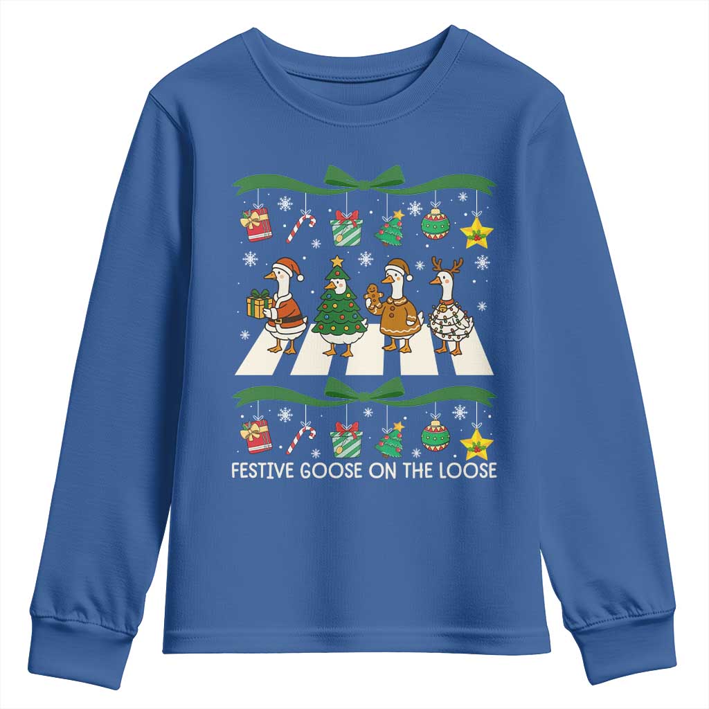Festive Goose On The Loose Christmas Youth Sweatshirt Cute Xmas Duck Silly Gooses Coquette Bow TS10 Royal Blue Print Your Wear