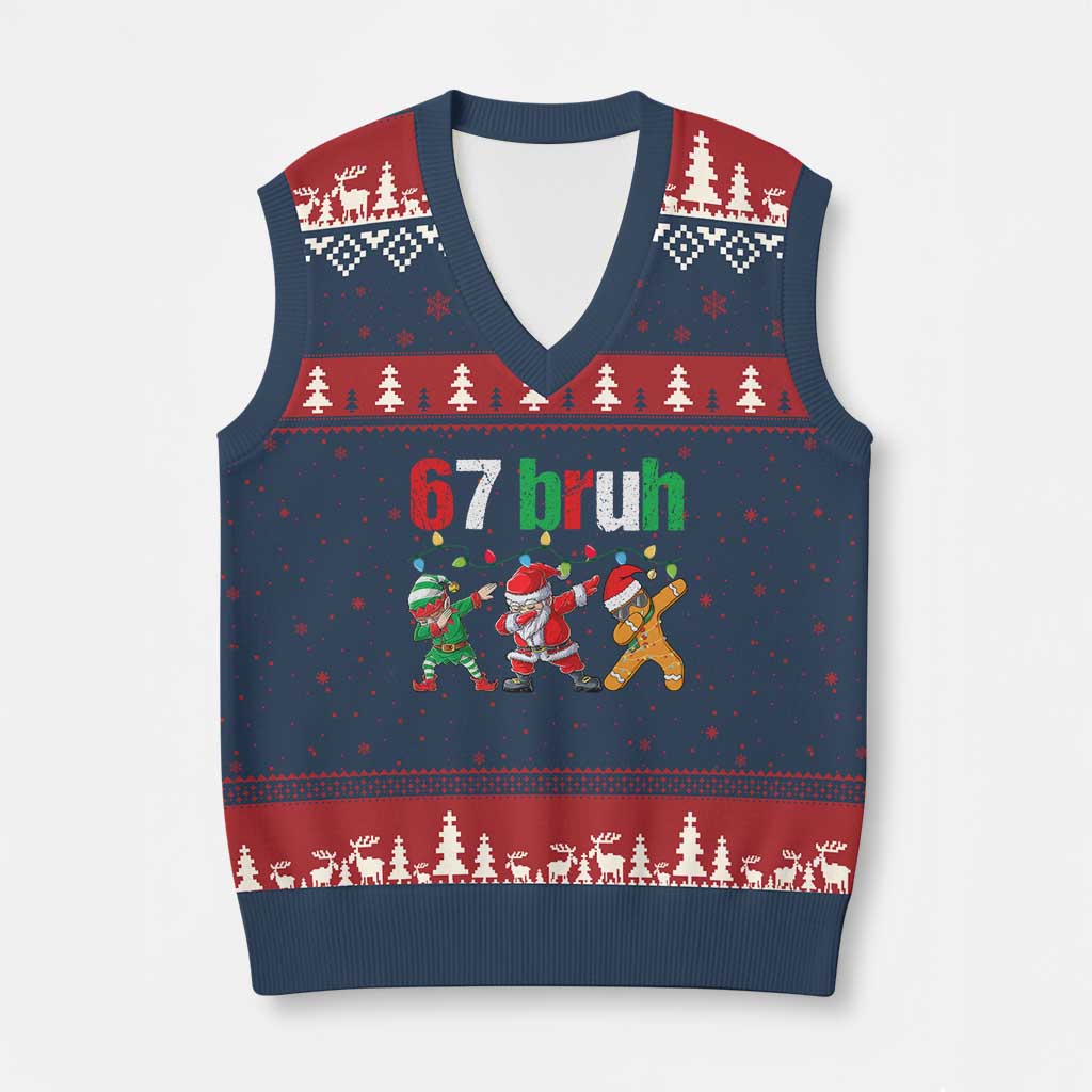 67 Xmas V-Neck Knit Sweater Vest Funny Six Seven Bruh Dabbing Santa Meme Pajamas TS10 Navy Red Print Your Wear