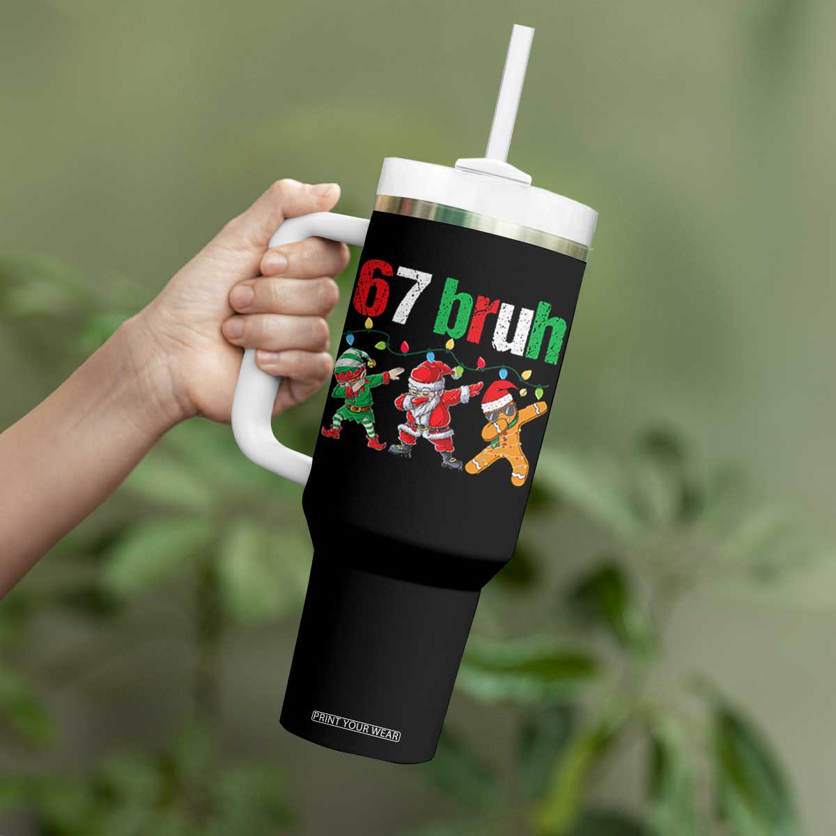 67 Christmas Tumbler With Handle Funny Six Seven Bruh Dabbing Santa Meme Pajamas TS10 Print Your Wear