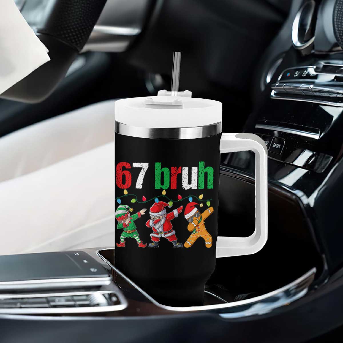 67 Christmas Tumbler With Handle Funny Six Seven Bruh Dabbing Santa Meme Pajamas TS10 Print Your Wear