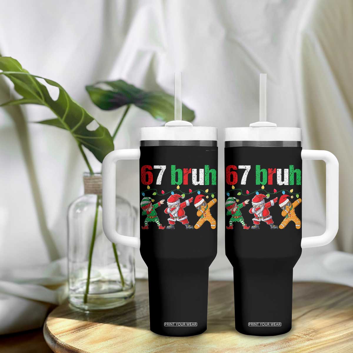67 Christmas Tumbler With Handle Funny Six Seven Bruh Dabbing Santa Meme Pajamas TS10 Print Your Wear