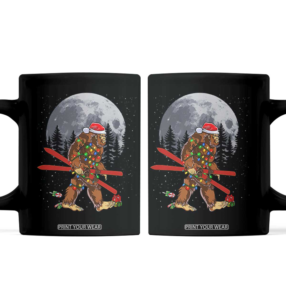Santa Bigfoot Christmas Coffee Mug Funny Sasquatch Skiing Snowboard Ski Lover Skier TS10 Black Print Your Wear
