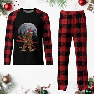 Santa Bigfoot Christmas Plaid Pajama Set Funny Sasquatch Skiing Snowboard Ski Lover Skier - Print Your Wear