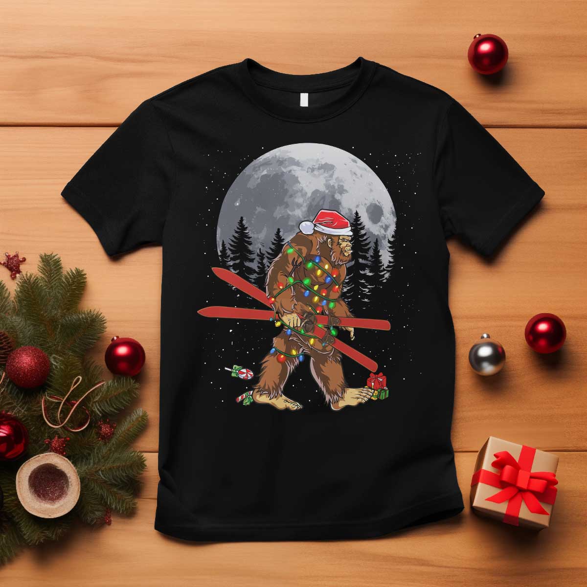 Santa Bigfoot Christmas T Shirt Funny Sasquatch Skiing Snowboard Ski Lover Skier TS10 Black Print Your Wear
