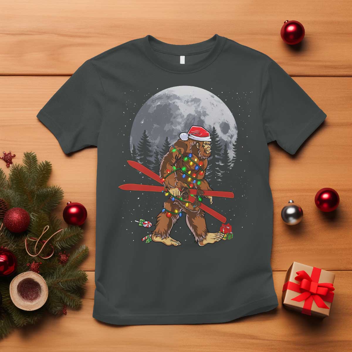 Santa Bigfoot Christmas T Shirt Funny Sasquatch Skiing Snowboard Ski Lover Skier TS10 Dark Heather Print Your Wear