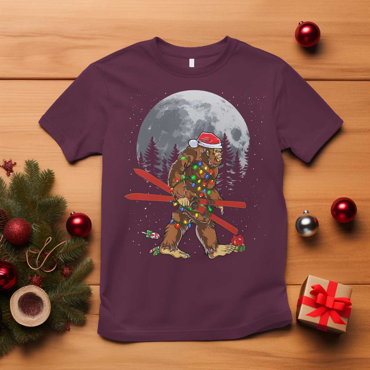 Santa Bigfoot Christmas T Shirt Funny Sasquatch Skiing Snowboard Ski Lover Skier TS10 Maroon Print Your Wear