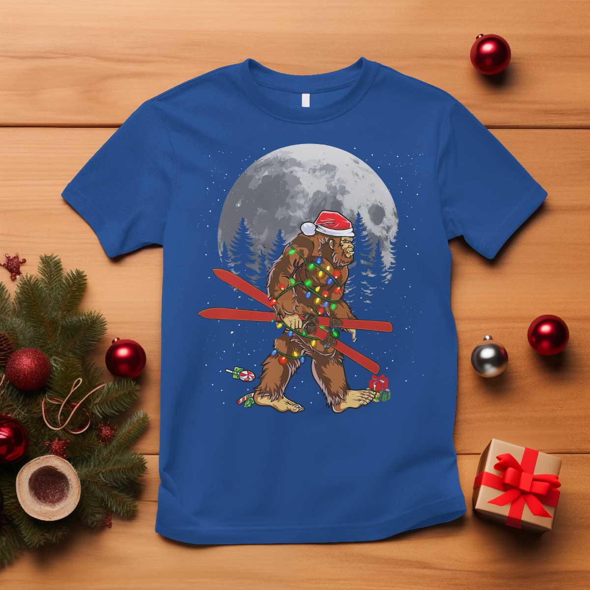 Santa Bigfoot Christmas T Shirt Funny Sasquatch Skiing Snowboard Ski Lover Skier TS10 Royal Blue Print Your Wear