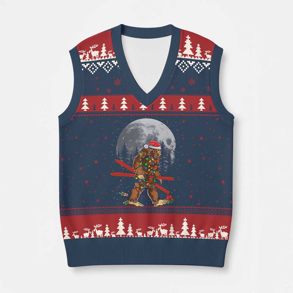 Santa Bigfoot Xmas V-Neck Knit Sweater Vest Funny Sasquatch Skiing Snowboard Ski Lover Skier TS10 Navy Red Print Your Wear