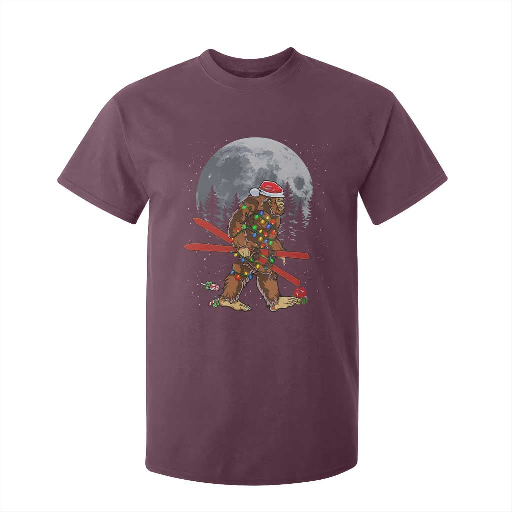 Santa Bigfoot Christmas T Shirt For Kid Funny Sasquatch Skiing Snowboard Ski Lover Skier TS10 Maroon Print Your Wear