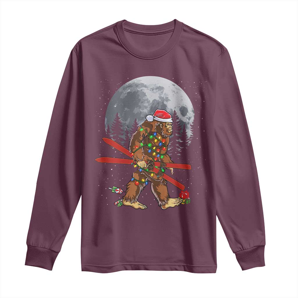 Santa Bigfoot Christmas Long Sleeve Shirt Funny Sasquatch Skiing Snowboard Ski Lover Skier TS10 Maroon Print Your Wear