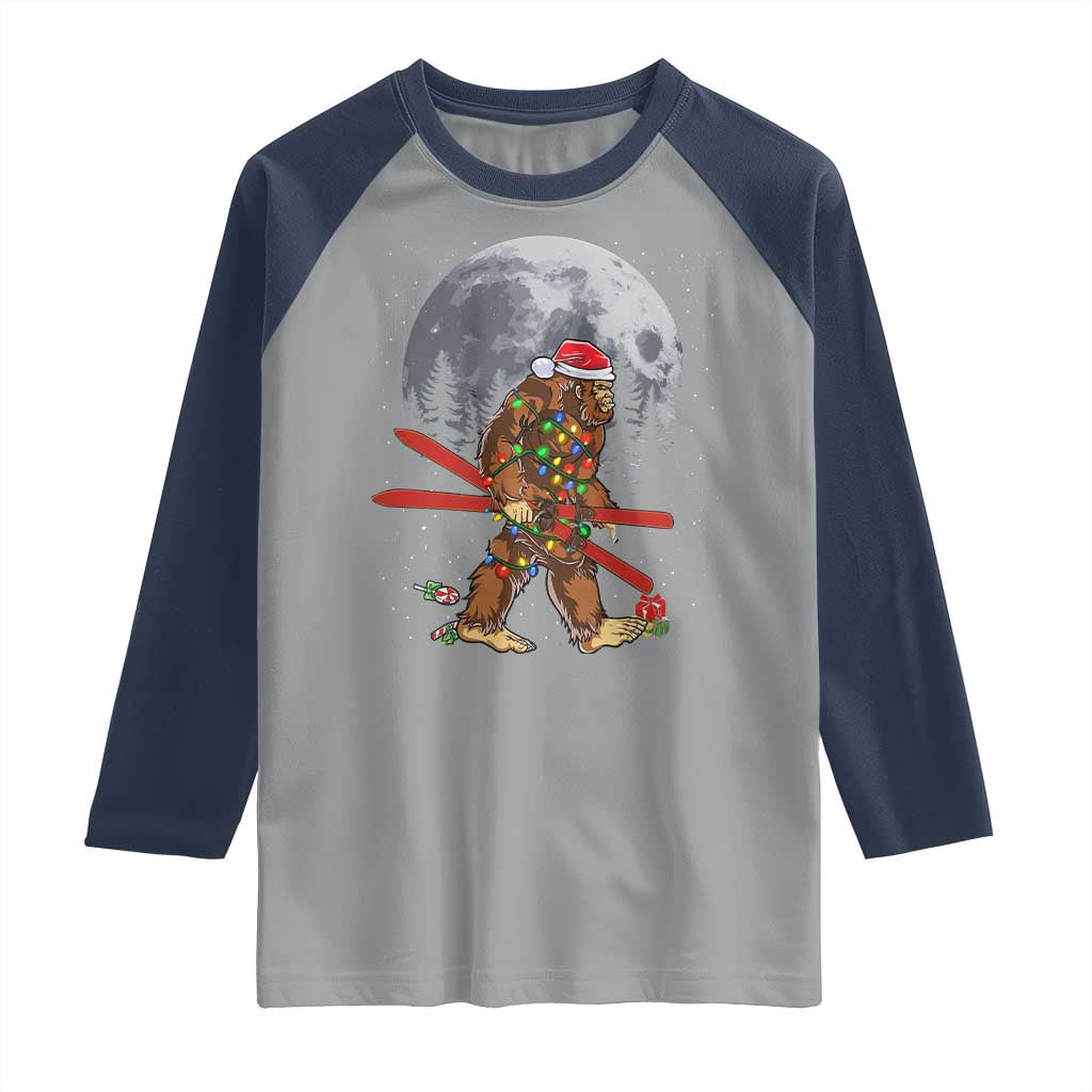 Santa Bigfoot Christmas Raglan Shirt Funny Sasquatch Skiing Snowboard Ski Lover Skier TS10 Sport Gray Navy Print Your Wear