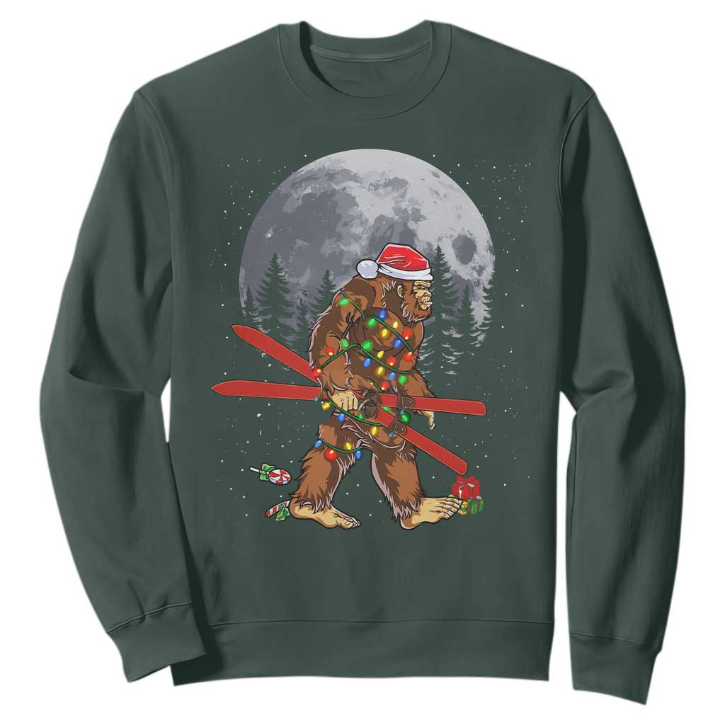 Santa Bigfoot Christmas Sweatshirt Funny Sasquatch Skiing Snowboard Ski Lover Skier TS10 Dark Forest Green Print Your Wear