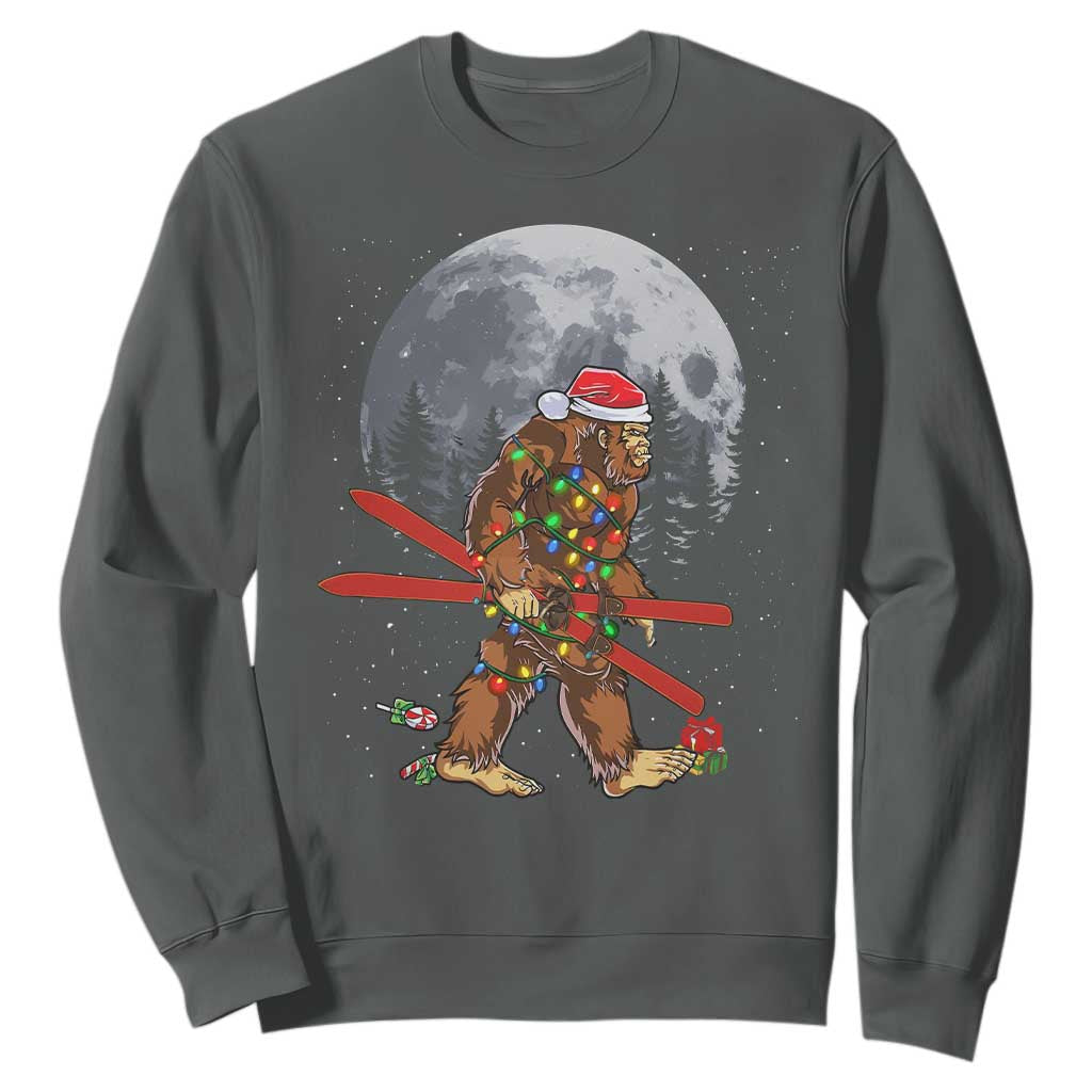 Santa Bigfoot Christmas Sweatshirt Funny Sasquatch Skiing Snowboard Ski Lover Skier TS10 Dark Heather Print Your Wear