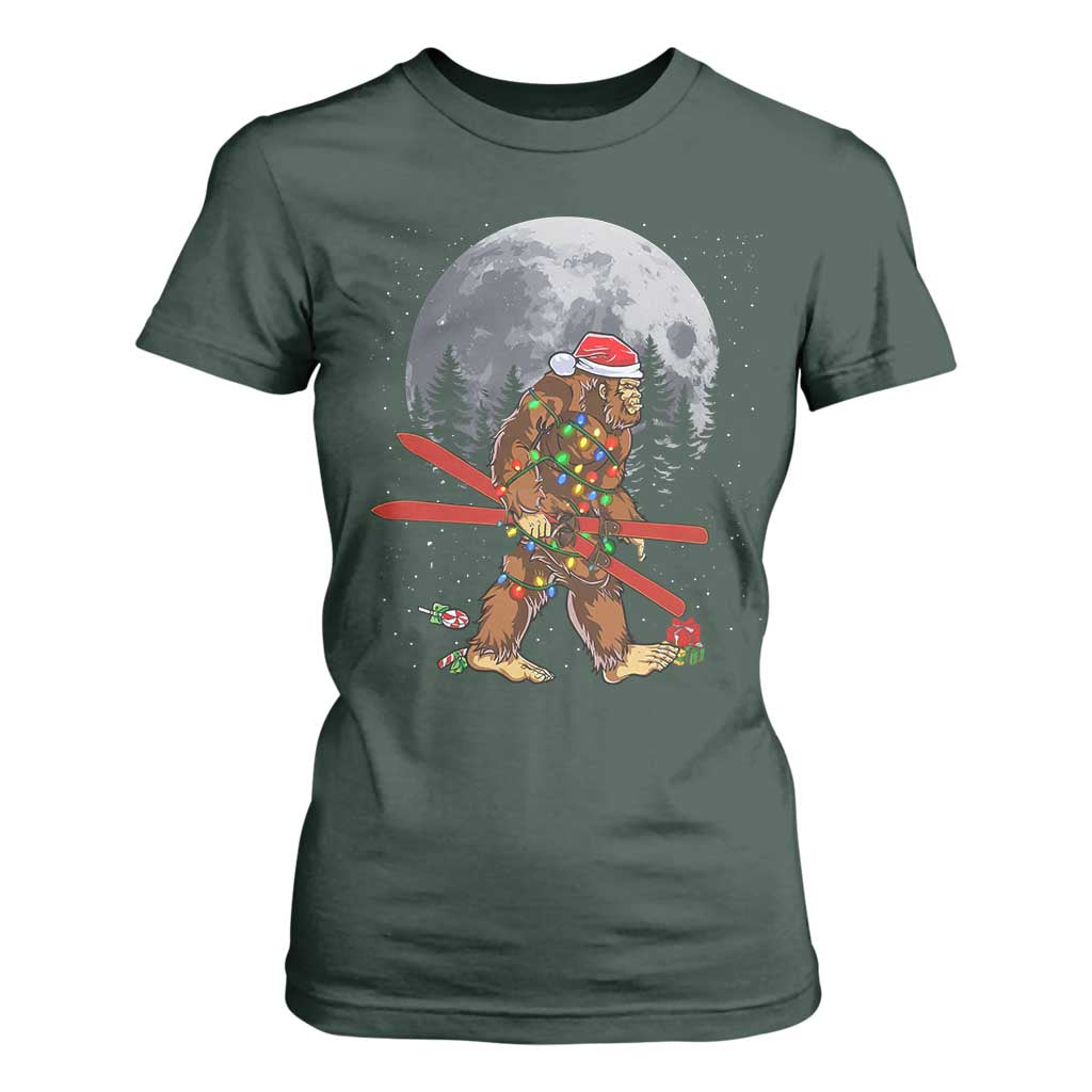 Santa Bigfoot Christmas T Shirt For Women Funny Sasquatch Skiing Snowboard Ski Lover Skier TS10 Dark Forest Green Print Your Wear