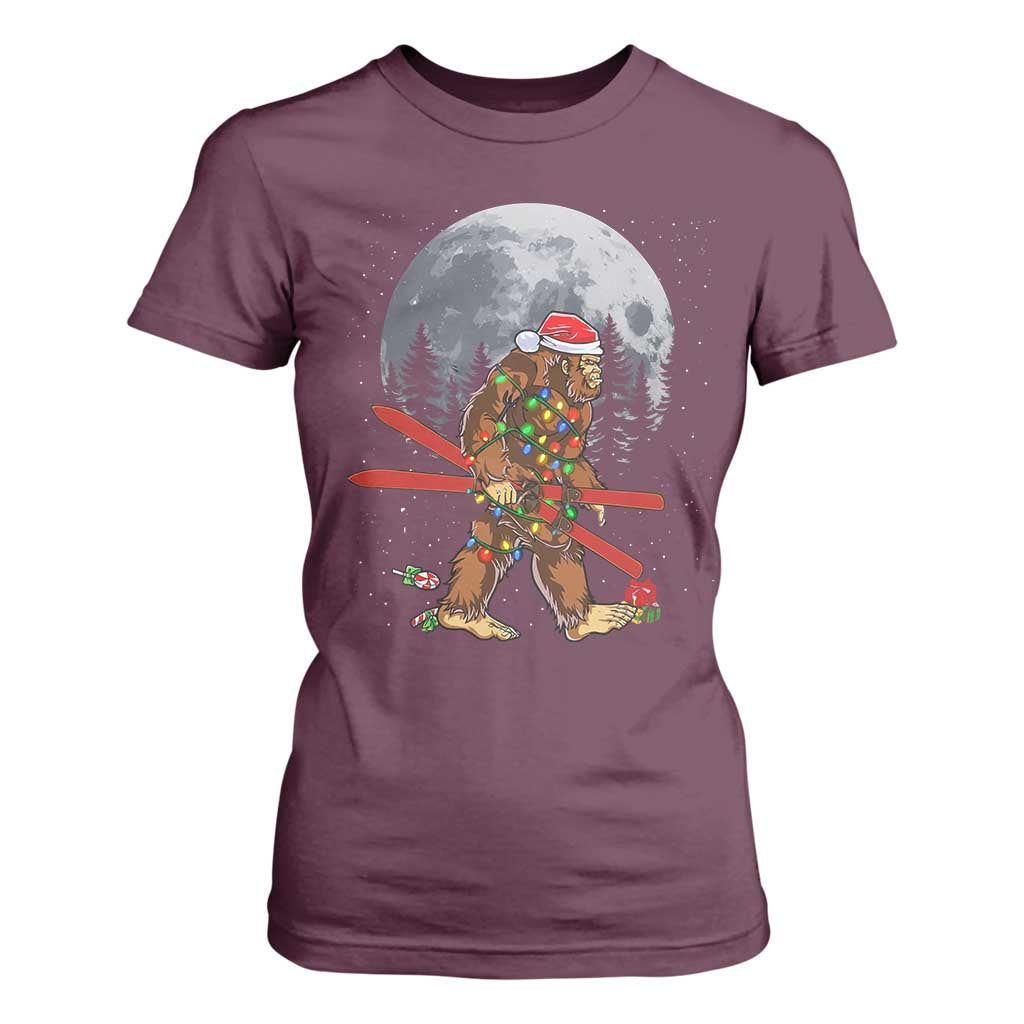 Santa Bigfoot Christmas T Shirt For Women Funny Sasquatch Skiing Snowboard Ski Lover Skier TS10 Maroon Print Your Wear
