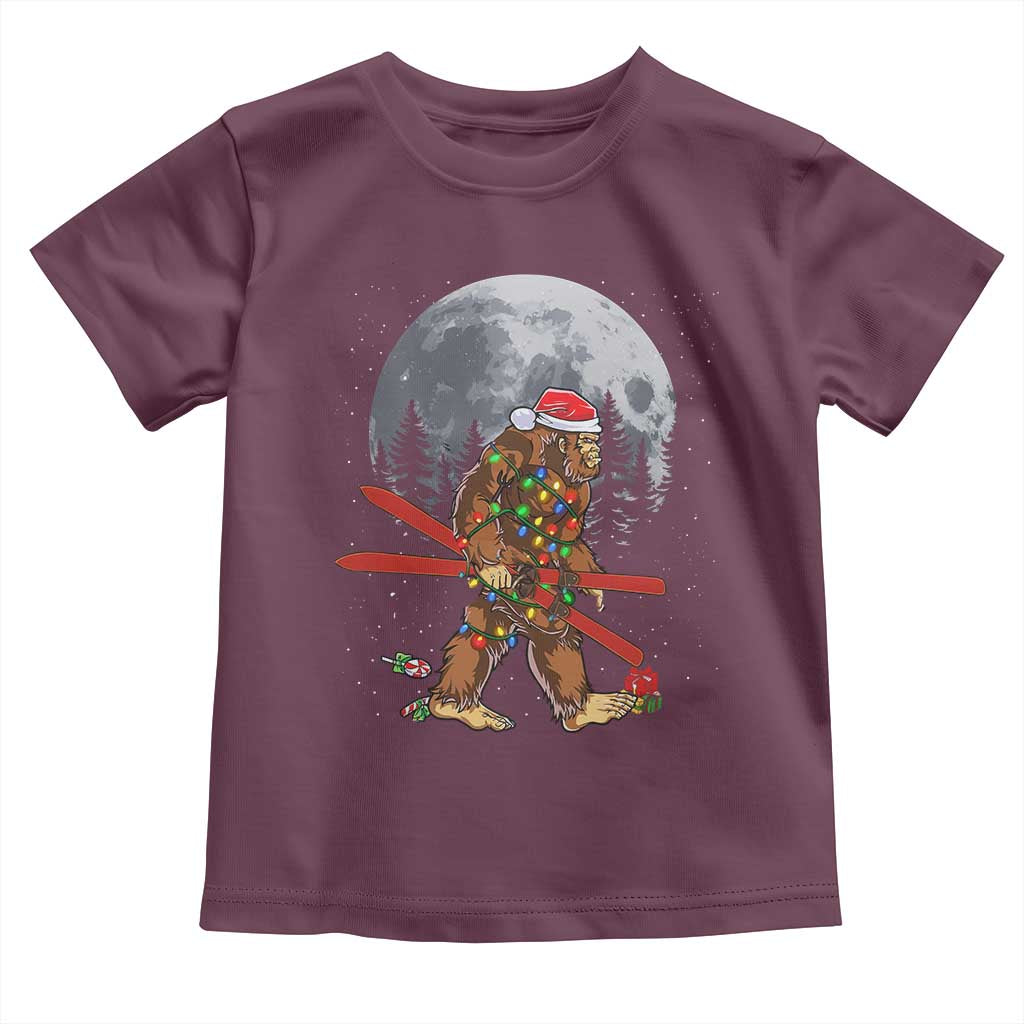 Santa Bigfoot Christmas Toddler T Shirt Funny Sasquatch Skiing Snowboard Ski Lover Skier TS10 Maroon Print Your Wear