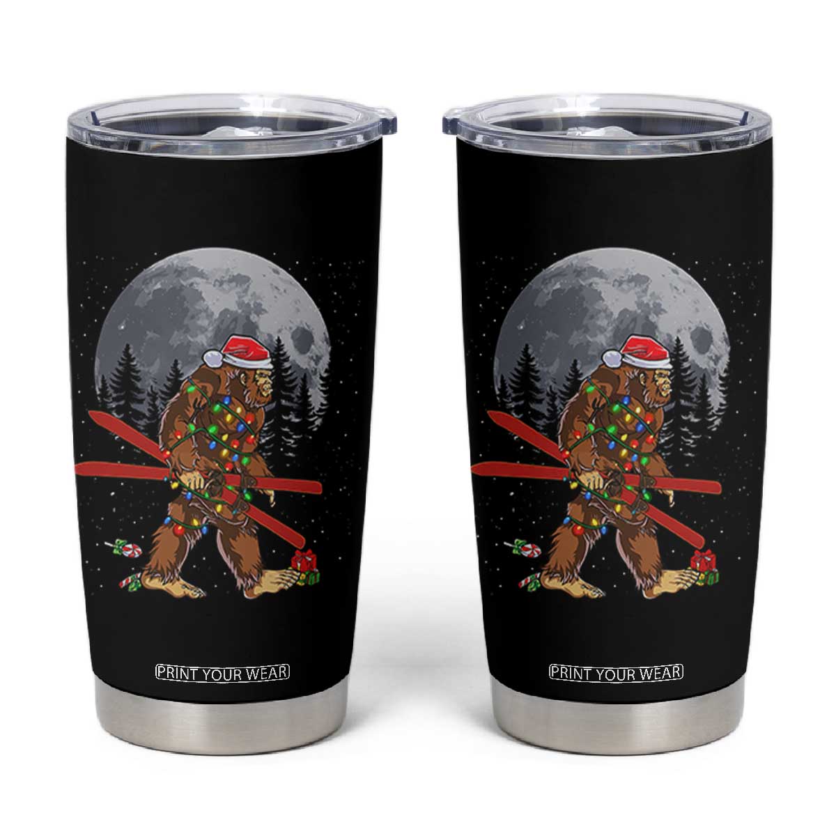 Santa Bigfoot Christmas Tumbler Cup Funny Sasquatch Skiing Snowboard Ski Lover Skier TS10 Black Print Your Wear