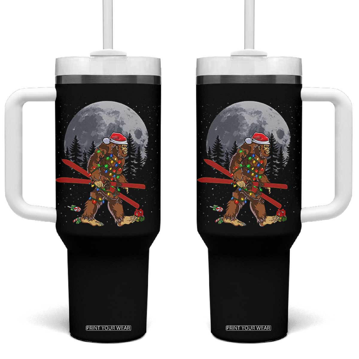 Santa Bigfoot Christmas Tumbler With Handle Funny Sasquatch Skiing Snowboard Ski Lover Skier TS10 One Size: 40 oz Black Print Your Wear