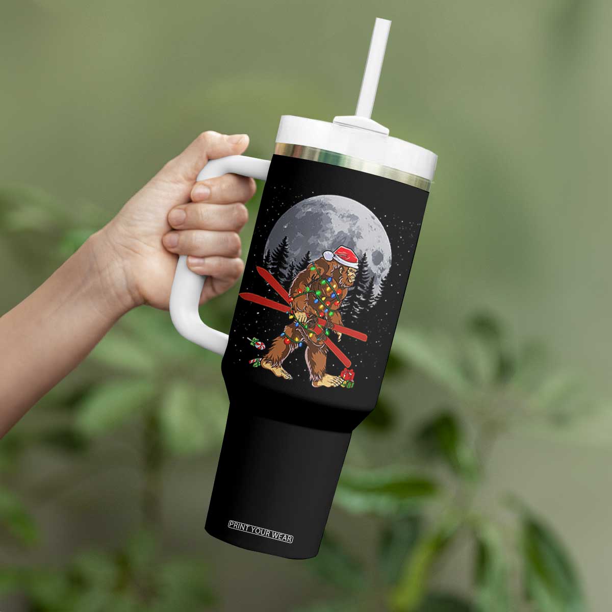 Santa Bigfoot Christmas Tumbler With Handle Funny Sasquatch Skiing Snowboard Ski Lover Skier TS10 Print Your Wear