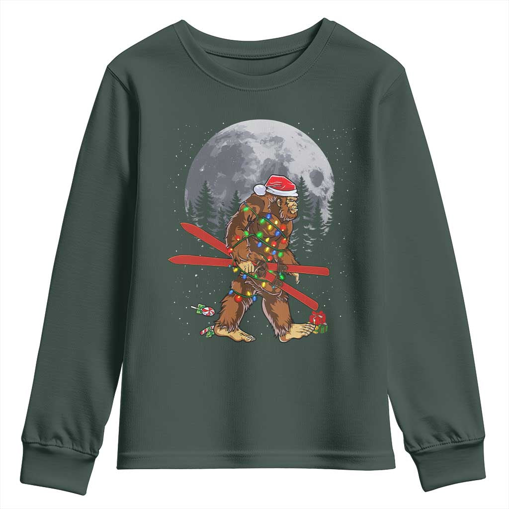 Santa Bigfoot Christmas Youth Sweatshirt Funny Sasquatch Skiing Snowboard Ski Lover Skier TS10 Dark Forest Green Print Your Wear