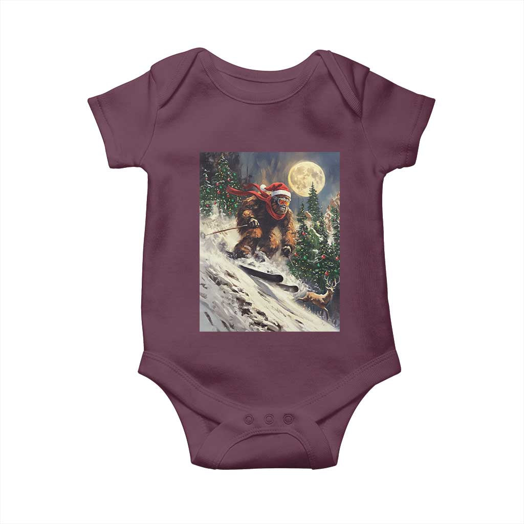 Christmas Bigfoot Skiing Baby Onesie Funny Santa Sasquatch Snowboard Ski Lover Skier TS10 Maroon Print Your Wear